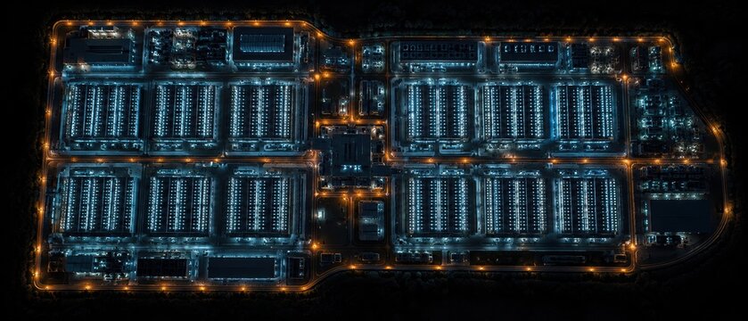 aerial night view of massive data center complex with symmetrical grid layout, blue building lights and orange street lamps