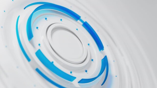 Angled blue futuristic podium with rotating rings seamless loop