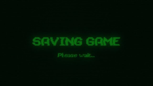 Retro pixelated saving game message appearing on an old computer screen with glitch effects