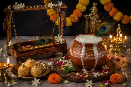 brass krishna statuette behind overflowing terracotta curd handi beside carved wooden swing