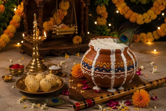 Painted terracotta handi dripping cream beside bamboo flute and tall brass oil lamp