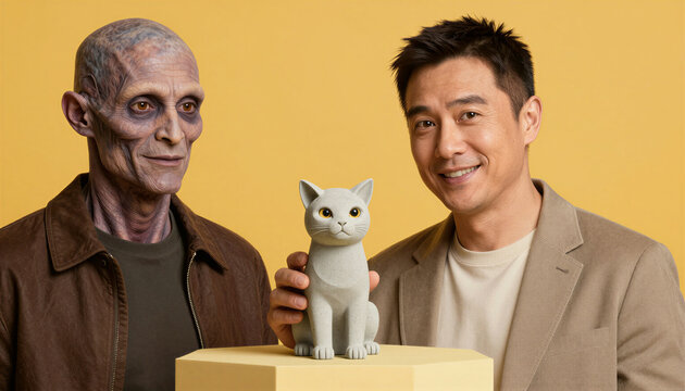 Man holding ceramic cat sculpture beside alien figure in studio