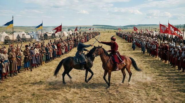 Two horsemen in historical costumes dueling with swords between two opposing armies on a field