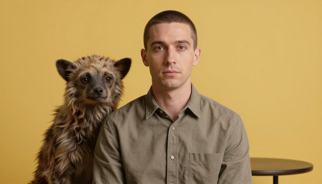 Young man with buzz cut posing with a striped hyena pup
