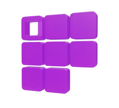 A3d rendered purple grid of rounded square blocks, with one empty hole, isolated on black background