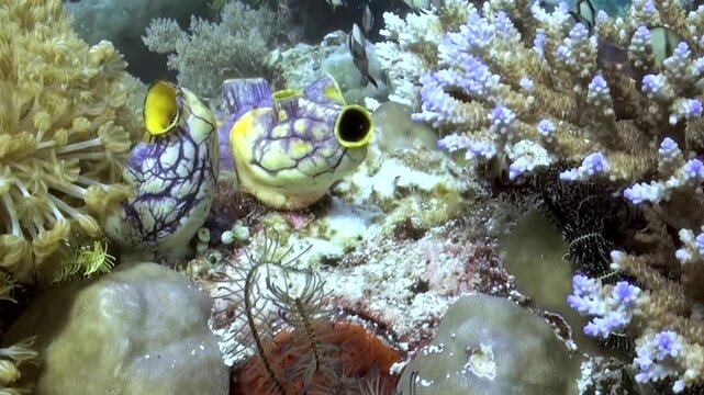A pair of mesmerizing reef gobies peek from their intricate coral shelter. Their vibrant forms glow amidst the diverse marine life in the sunlit ocean depths, a tranquil daytime spectacle.