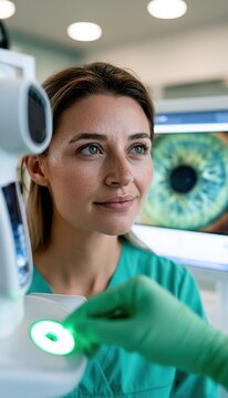 Ophthalmology technician operating advanced eye scanner during patient eye exam