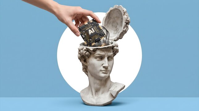 Human hand placing an ai microchip into a classical marble statue head