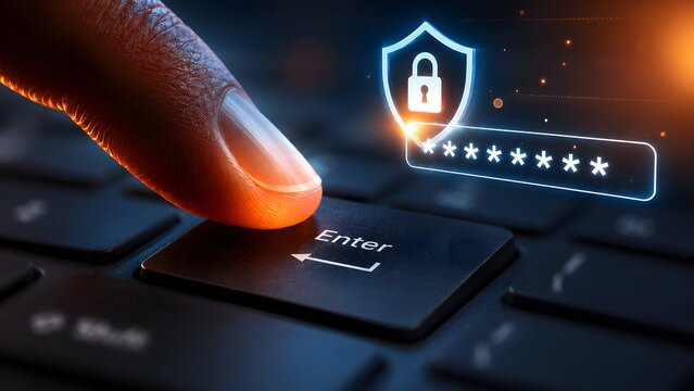 Finger pressing enter key on a computer keyboard with holographic password field and glowing security shield symbolizing cybersecurity and secure login