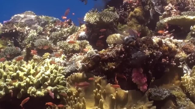Watch tiny scarlet fish explore a wondrous, bustling coral garden. This vibrant marine habitat thrives in the clear blue ocean, showcasing natures beauty beneath the waves during the sunny day.