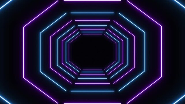 Neon octagon tunnel loop with blue and purple glowing lights for futuristic digital backgrounds