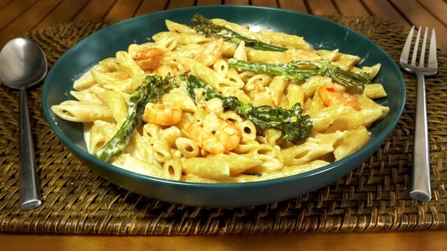Closeup tilt shot of cooked penne pasta in a creamy sauce, with king prawns and pieces of broccoli spears, all in a bowl standing on a table mat, with a fork and spoon, ready to eat.