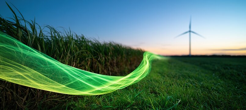 Glowing energy ribbon flowing from sugarcane field toward wind turbine at sunset