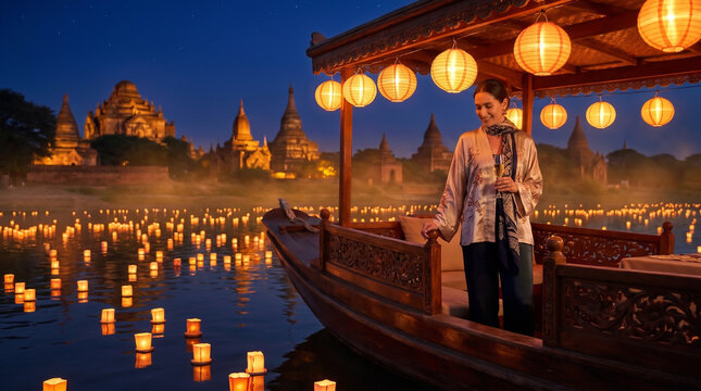 Woman enjoying a sunset boat ride with illuminated temples in Bagan Myanmar travel destination