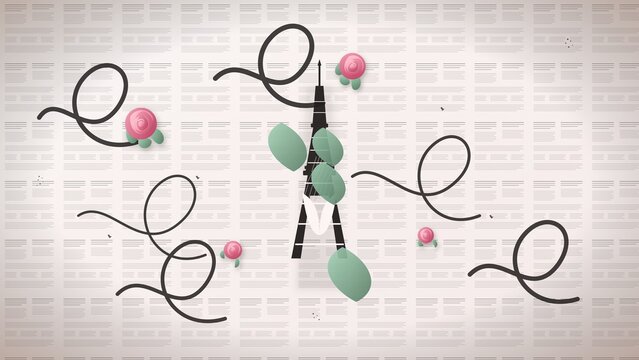 Vintage French Paris Eiffel Tower and Pink Roses Background