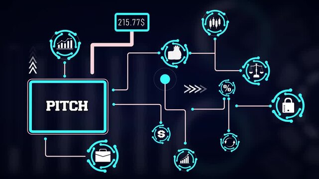 Professional pitch presentation overlay presenting startup idea valuation icons, capital raising metrics, and investor strategy boards