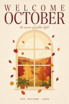 Autumn window view with falling leaves and cozy landscape