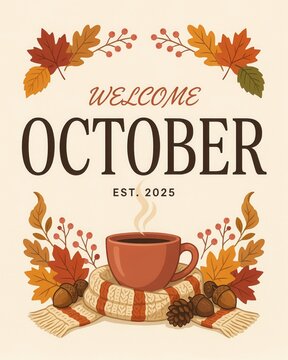 Cozy october welcome with hot coffee and autumn leaves