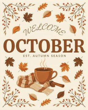 Cozy october welcome with hot drink and autumn leaves