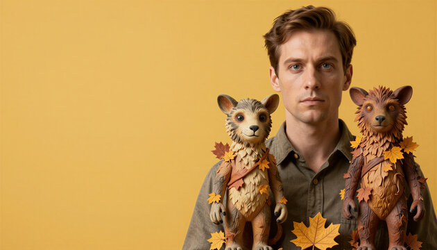 Young man with autumn leaf covered animal figurines