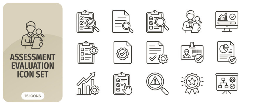 Assessment evaluation icon set, including checklist, document analysis, performance report, employee review, and quality control symbols for business and management