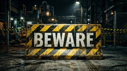 Naklejka premium Beware Warning Sign in Industrial Construction Environment Representing Workplace Safety Hazard Risk and Security Awareness