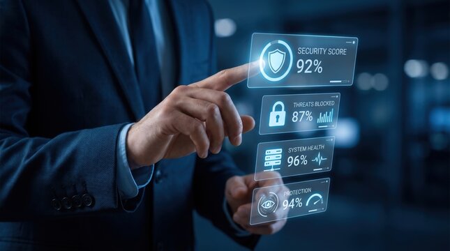 Business professional performing a comprehensive cyber security and business swot analysis using a futuristic holographic digital interface