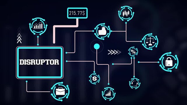 Market disruptor technology visual highlighting revolutionary business models, digital paradigm shifts, and transformative icons