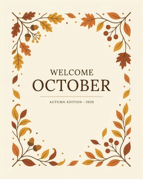 Welcome october autumn edition 2026 floral border leaves