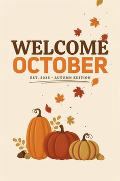 Welcome october autumn edition with pumpkins and leaves