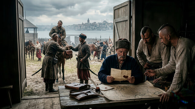 Cossack leaders reviewing a map and document inside a wooden fortification near a river