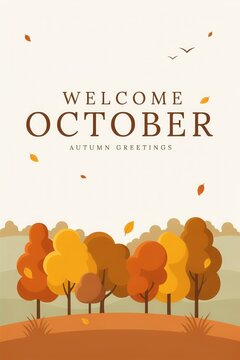 Welcome october autumn greetings with falling leaves