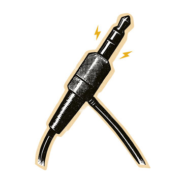 Coiled instrument cable with a quarter-inch jack plug in halftone style on a transparent background
