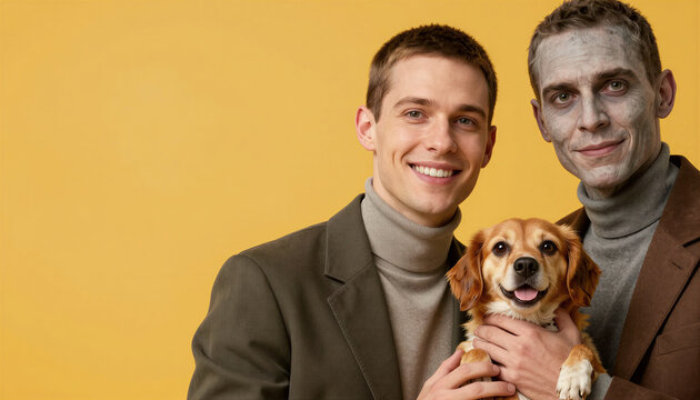 Smiling man holding happy dog with zombie makeup friend