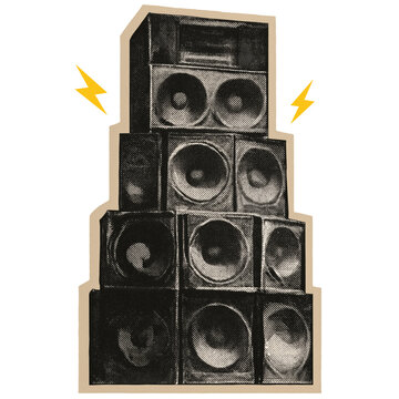 Dub reggae sound system speaker stack illustration in halftone style on a transparent background
