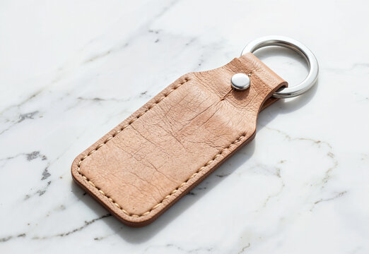 Blank brown leather tag keyring on white marble background, ai generated. Rectangular label with metal ring and snap button. Minimal skin surface with empty space for logo, name, text, engraving.