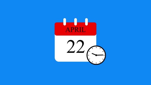 Calendar page showing April 22th with a clock icon on a  SKY BLUE  background twenty-four date