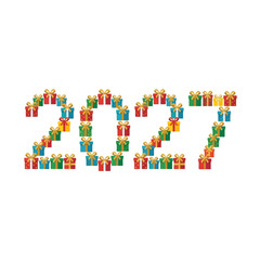 Obraz premium Number 2027 built entirely from colorful wrapped gift boxes with golden bows for celebration.