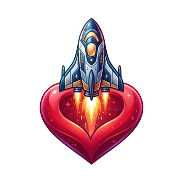 Rocket ship launching from a heart shape symbol isolated on transparent background