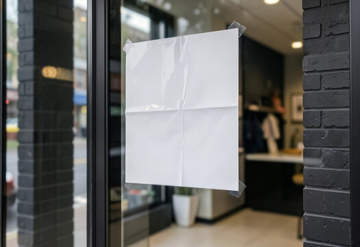 Blank white outdoor entrance sticker on glass door mockup, ai generated. Rectangular paper notice attached with tape glassy store door. Storefront signage with empty space for logo or custom design.