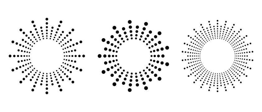 Radial sunburst with halftone dots creating dynamic rays. Circular pattern with concentric lines.