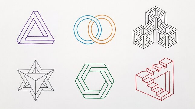 Impossible figures &mdash; Penrose triangle, cubes, rings, hexagons, and stairs arranged in a minimalist set, symbolizing paradoxical geometry and optical illusion in line art.