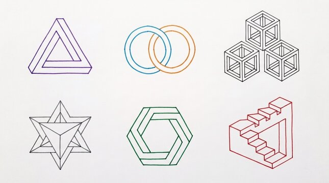 Impossible figures &mdash; Penrose triangle, cubes, rings, hexagons, and stairs arranged in a minimalist set, symbolizing paradoxical geometry and optical illusion in line art.