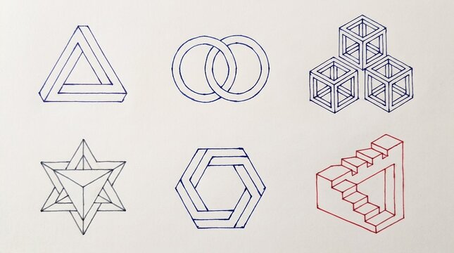 Impossible figures &mdash; Penrose triangle, cubes, rings, hexagons, and stairs arranged in a minimalist set, symbolizing paradoxical geometry and optical illusion in line art.