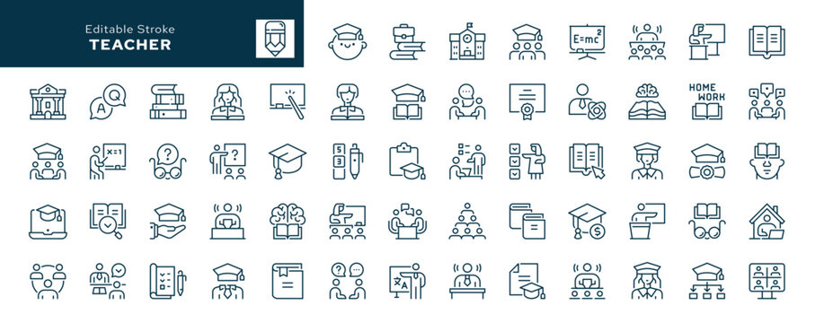 Teacher. Set of outline icons. Study, teaching,learning, and education. Knowledge, teach, book, school and university. Line icon in linear style. Vector collection