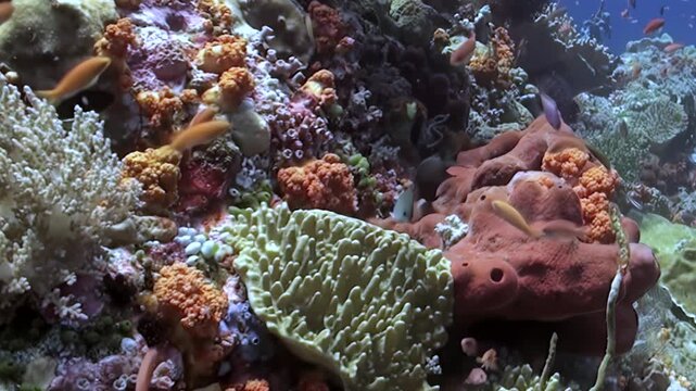 Orange reef fish gracefully navigate a kaleidoscopic coral reef. Brilliant sponges and intricate hard corals form a breathtaking aquatic tapestry in the warm tropical ocean during daytime.