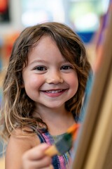 Fototapeta premium Preschool child smiling and offering paintbrush at shared easel