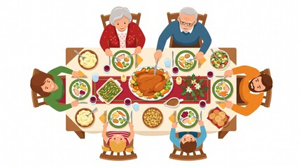 Fototapeta premium Family Gathering Feast: A multi-generational family shares a warm and joyous Thanksgiving dinner around a laden table, creating cherished memories amidst a bounty of food and laughter.