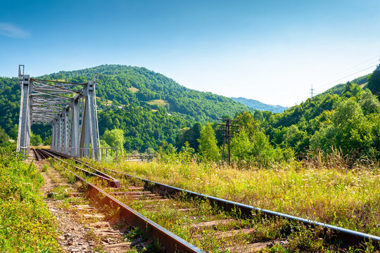 rail bridge in mountain landscape in summertime. outdoor adventures in highland of ukraine, rakhiv district on a sunny day