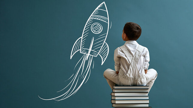 Faceless young person gazing at a hand-drawn rocket doodle while seated on a stack of books, creative education concept for poster and banner design, with copy space